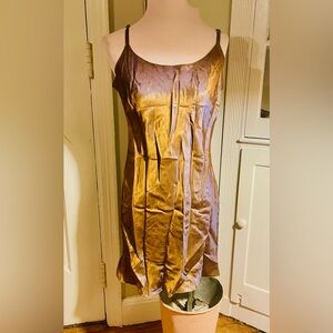 Chic Satin Rozae Nichols Metallic Blue and Gold Color Shift Midi Dress